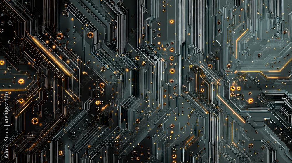 Poster an intricate close-up of a dark circuit board with glowing golden electronic pathways and connection