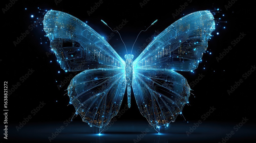 Poster vibrant glowing digital butterfly composed of intricate circuit board patterns illuminates a dark sp