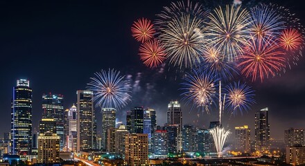 Spectacular fireworks display illuminating the modern city skyline during a nighttime celebration