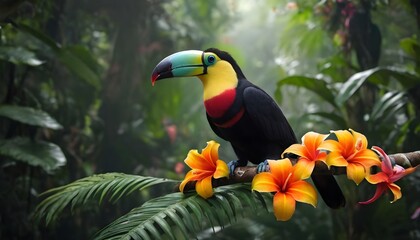 Fototapeta premium Toucan 4k wallpaper, tropical rainforest, colorful flowers, hd, created with generative ai
