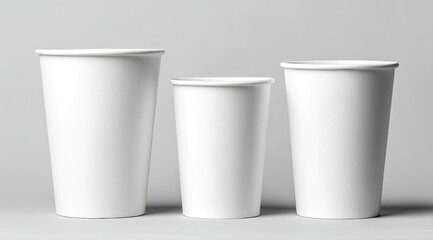 Three white disposable cups of varying sizes, arranged in a row against a neutral background