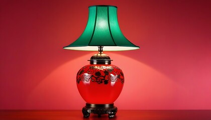 Traditional Chinese antique table lamp with isolated red background, created with generative ai