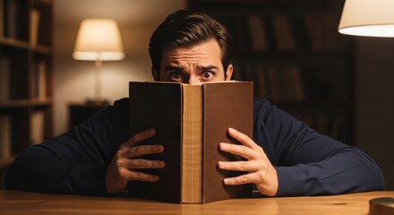 Surprised man peeking over a big book in a library, reading a scary story