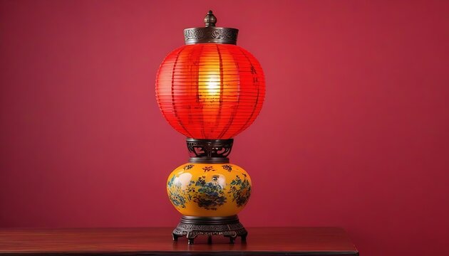 Traditional Chinese antique table lamp with isolated red background, created with generative ai
