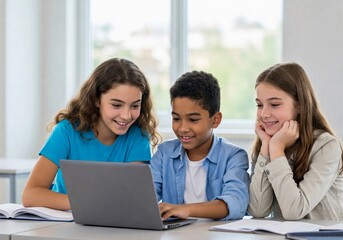 Group of diverse elementary school students collaborating on a laptop for a school project, demonstrating teamwork and digital learning in a classroom.