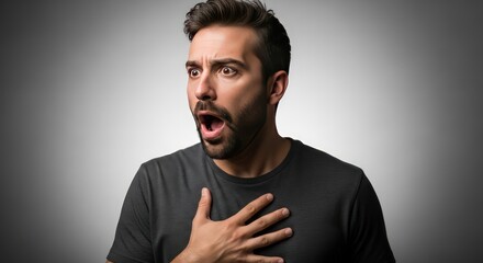 Shocked Man with Open Mouth and Hand on Chest Expressing Fear and Surprise, Studio Shot