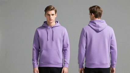 Young man in light purple hoodie, showcasing front and back views in a gray studio background, perfect for apparel design mockups.