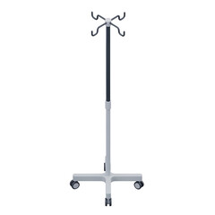 Medical IV pole with four hooks, standing on a base with wheels, for hospital use.