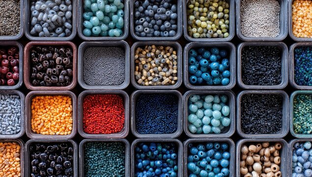 Small square containers filled with various colorful beads