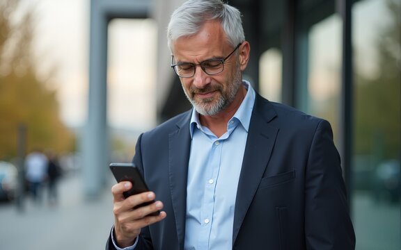 40s mature confident busy businessman entrepreneur using cellphone mobile phone for talking with family, business partners. Successful mid age man investor communicating on smartphone standing outdoor