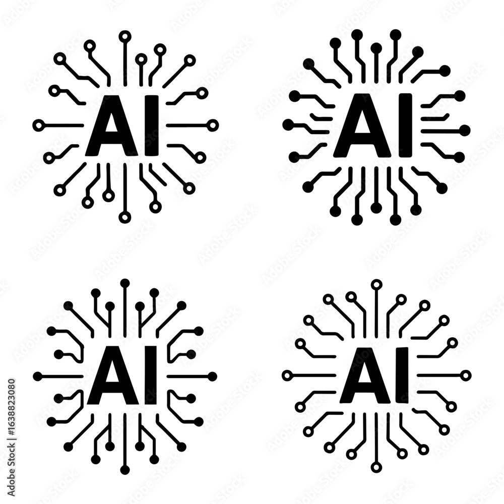 Poster four ai symbols surrounded by circuit board patterns in a square layout