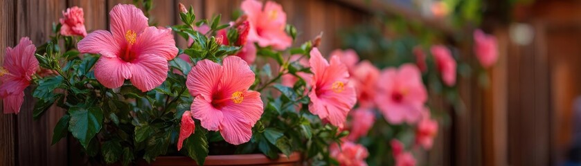 Fototapeta premium Hibiscus fence with giant planter concept. Vibrant pink hibiscus flowers in a sunny garden setting.