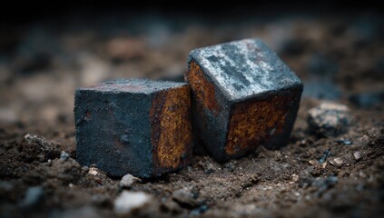 Two weathered, cubic stones resting on dark earth.  Close-up view, focusing on textures.  Rusty, dark gray, and hints of orange