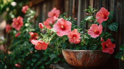 Fototapeta premium Hibiscus fence with giant planter concept. Vibrant hibiscus flowers blooming in a charming garden setting.