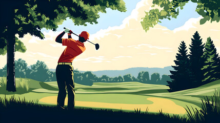 Man swinging golf club on golf course