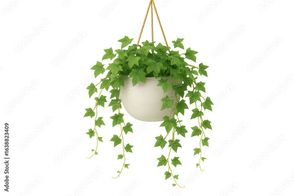 Poster verdant ivy draping from sleek white hanging planter, creating minimalist botanical accent with clea