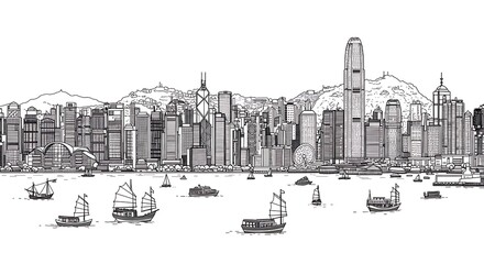 Fototapeta premium Hong Kong Skyline Sketch: Harbor Boats and Cityscape