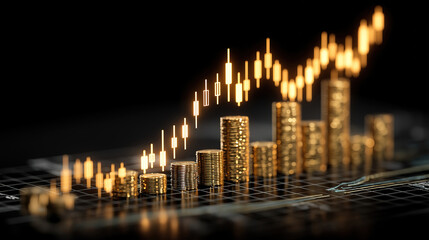 Upward moving golden financial graph represents business expansion and successful investment plans