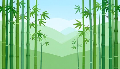 Lush bamboo grove against a backdrop of rolling hills.