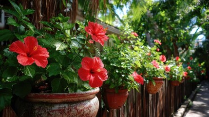 Obraz premium Hibiscus fence with giant planter concept. Vibrant red hibiscus flowers blooming in decorative pots.