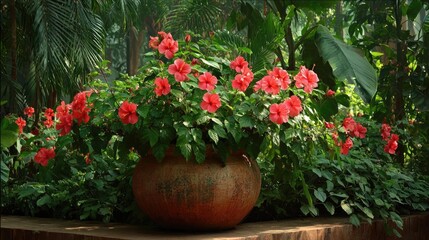 Hibiscus fence with giant planter concept. Vibrant red flowers blooming in a decorative pot in lush greenery.