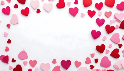 Valentine's day background with red and pink hearts on white background, flat lay, created with generative ai