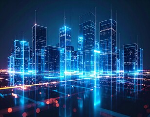 Futuristic digital city skyline with glowing blue lights