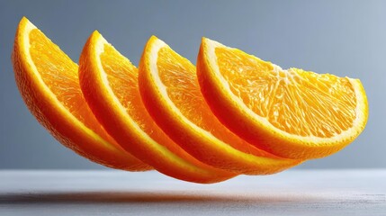 Citrus curve in fruit series concept. Four fresh orange slices floating elegantly against a light background.