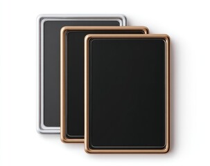 Fototapeta premium Three blank rectangular frames, silver, dark gray, and rose gold, stacked vertically against a white background