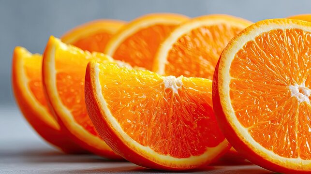 Citrus curve in fruit series concept. Fresh orange slices arranged neatly on a light surface. - Powered by Adobe