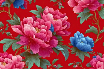 Vibrant floral pattern of peonies in pink and blue, on a red background.  Detailed blossoms and foliage
