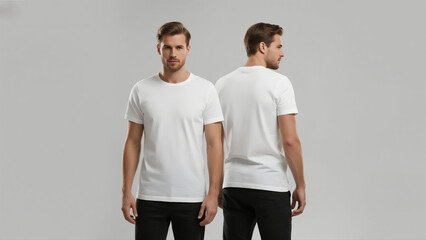 Young confident man in white crewneck short sleeve t-shirt, full body front and back view, standing on a light gray background.