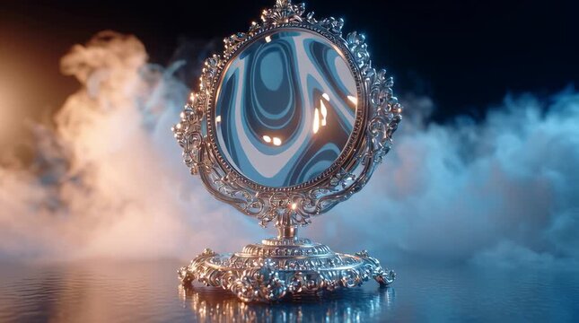 Ornate silver mirror with swirling pattern and glowing reflection surrounded by mist creating mysterious elegant vintage atmosphere and mystical