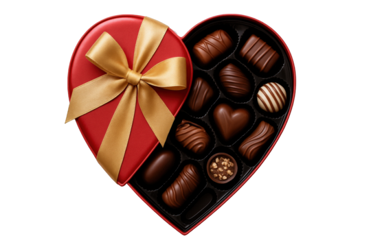 Luxurious Heart-Shaped Chocolate Box with Golden Ribbon, Assortment of Gourmet Chocolates, Perfect for Gifting - Powered by Adobe