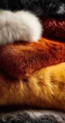 Obraz premium Close-up view of various faux fur textures and colors. Layers of different shades of faux fur, including white, reddish-brown, orange-gold, and dark grey, are stacked, showcasing the plush texture