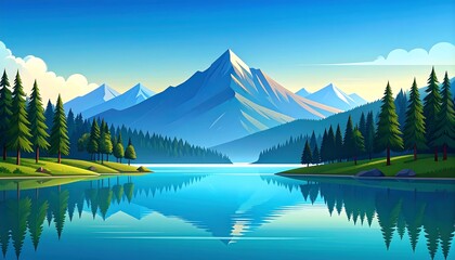 Serene mountain lake landscape with mirrored reflections.