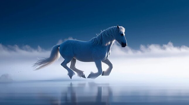 White horse running through misty water at dawn with fog and reflection creating serene animal landscape in calm twilight atmosphere