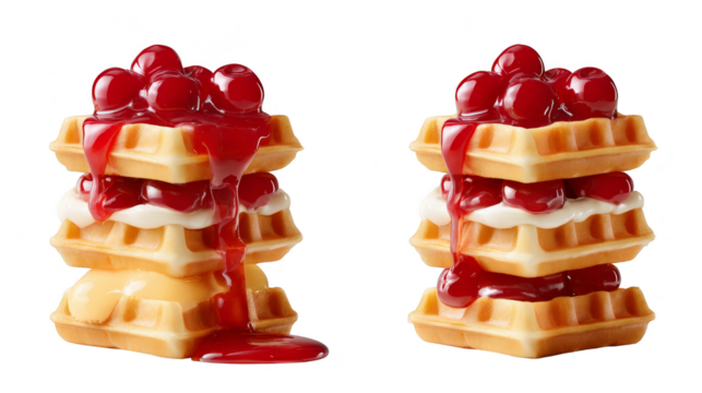 A delightful morning breakfast scene featuring a pair of freshly prepared golden brown waffles generously smothered with a sweet glistening red fruit jelly ready to be enjoyed.