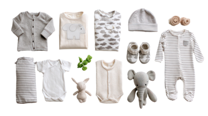 Baby Clothes and Accessories Laid Flat Newborn Essentials on Transparent Background