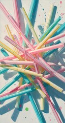 A chaotic arrangement of colorful plastic drinking straws, various shades of pastel pink, yellow, blue, and light orange, densely packed on a light beige background.  
