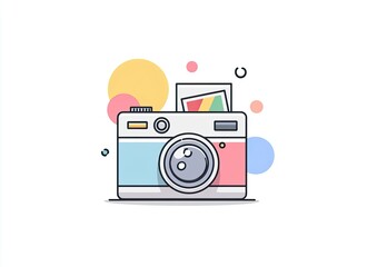 Pastel-colored, flat style illustration of a vintage camera with a colorful photo