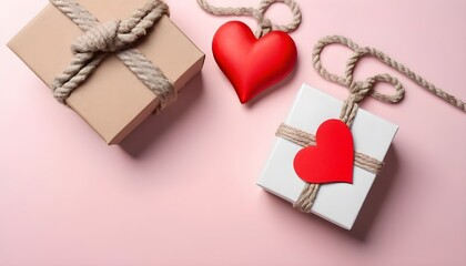 White Gift box and rope knot with blank heart-shaped tag for a Valentine's Day gift. Christmas, Saint Valentine, birthday shopping, sales and presents concept, created with generative ai