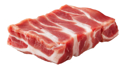 A succulent raw piece of pork loin showcasing its marbled texture and fresh pink coloration is elegantly presented on a stark non reflective black background for dramatic effect.