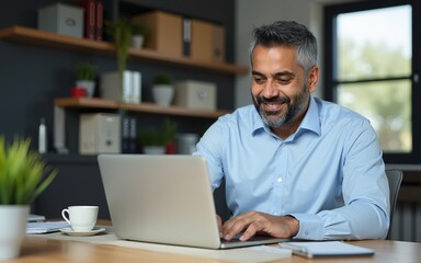 Mature Indian or Latin hispanic business man ceo manager using laptop computer typing in modern office. Middle eastern smiling senior businessman entrepreneur sitting at desk working on pc. Vertical