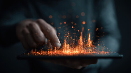 CEO examines glowing financial data hologram for stock market insights in dark setting