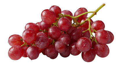 A detailed close up shot of a lush vibrant bunch of ripe purple grapes glistening with dew drops hanging elegantly from the vine in a sun drenched vineyard setting.