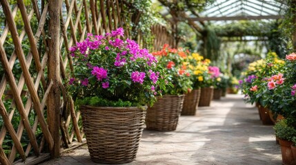 Hibiscus fence with giant planter concept. Vibrant flowers in pots create a serene garden pathway.