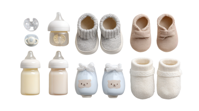 Baby Feeding Bottles Pacifier and Baby Shoes Arranged Neatly on Transparent Background