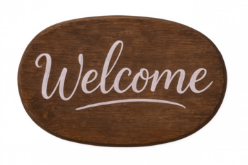 Oval wooden welcome sign with white lettering on a transparent background, perfect for greeting guests