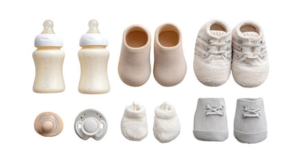 Baby Feeding Bottles Pacifier and Baby Shoes Arranged Neatly on Transparent Background